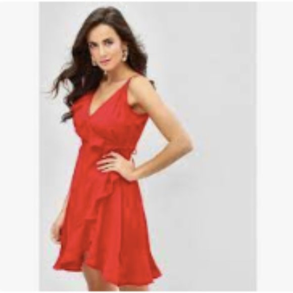 Red Ruffle Wrap Dress (XS) - Picture 3 of 10